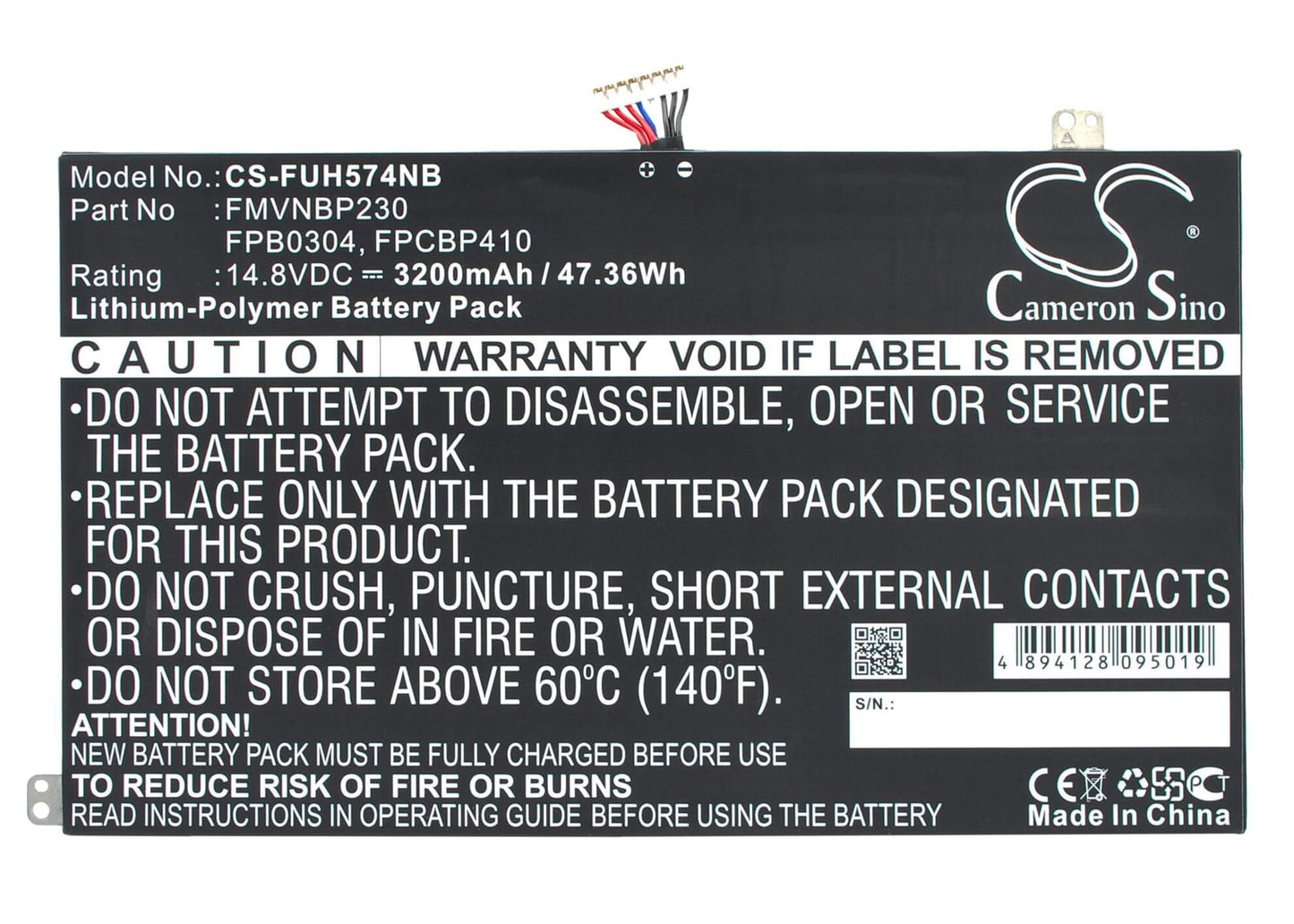 14.8V, 3200mAh, Li-Polymer Battery fits Fujitsu, Lifebook Uh574, 47.36Wh