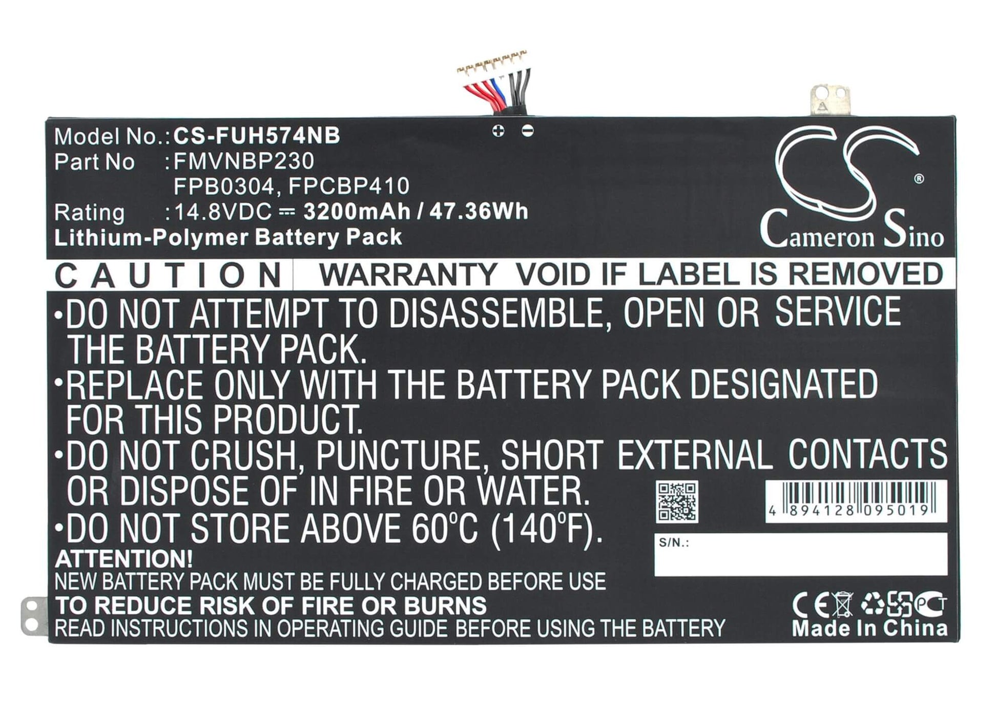 14.8V, 3200mAh, Li-Polymer Battery fits Fujitsu, Lifebook Uh574, 47.36Wh