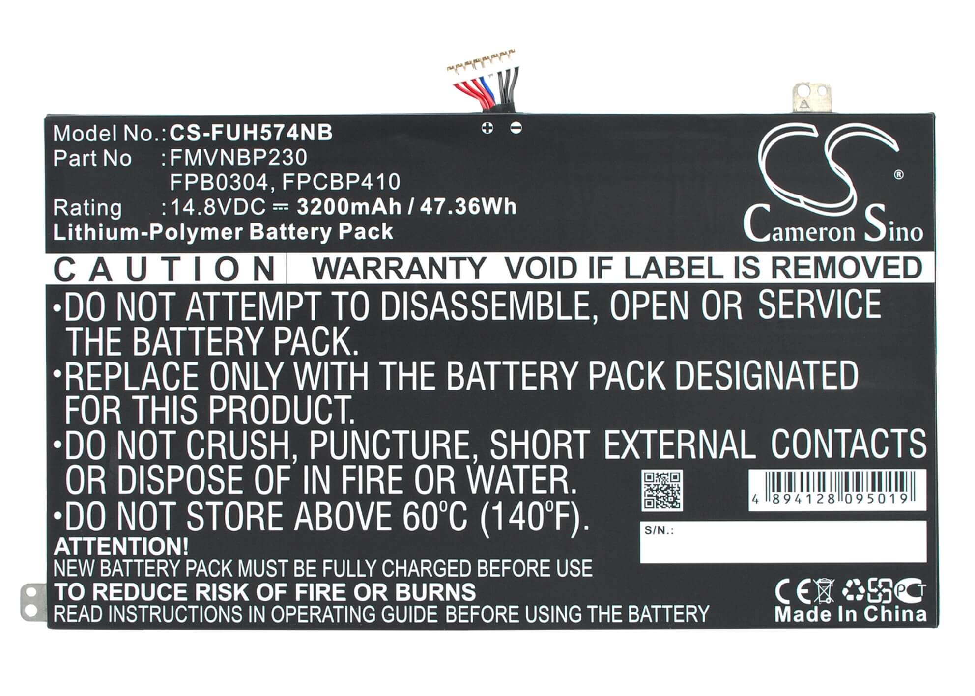 14.8V, 3200mAh, Li-Polymer Battery fits Fujitsu, Lifebook Uh574, 47.36Wh
