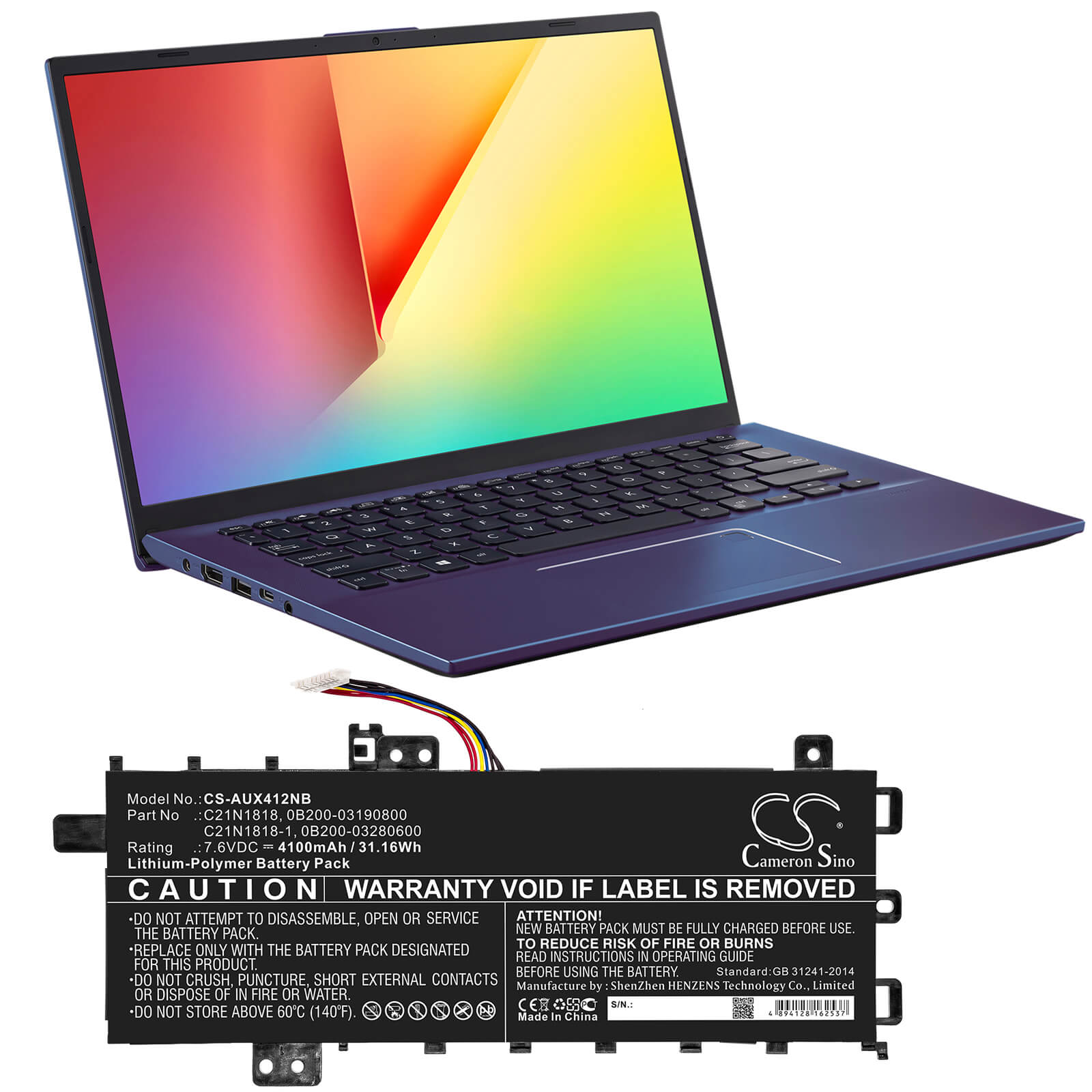 7.6V, 4100mAh, Li-Polymer Battery fits Asus, A412fa, A412ua, 31.16Wh