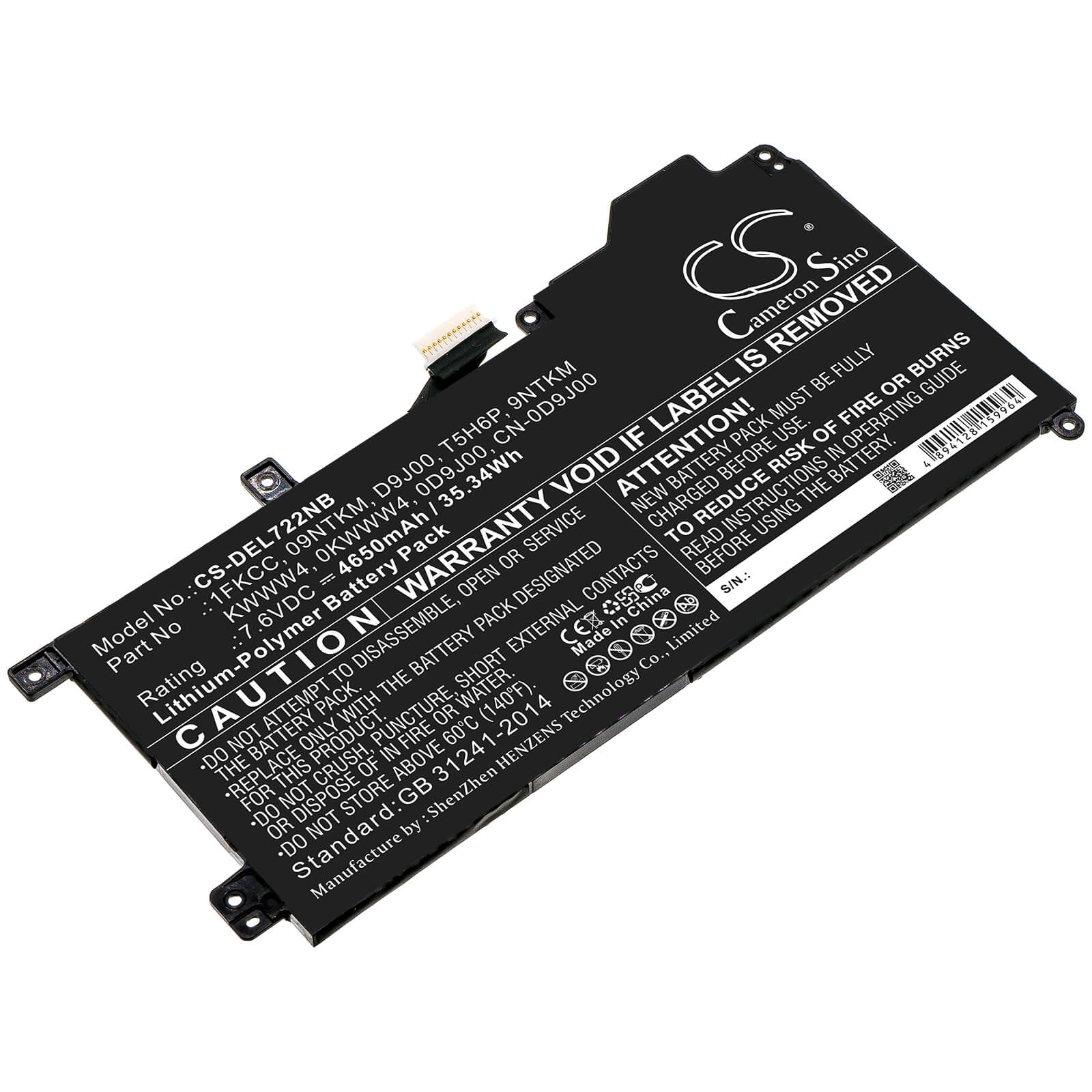 7.6V, 4650mAh, Li-Polymer Battery fits Dell, Latitude 12 7200, Latitude 7200 2-in-1, 35.34Wh
