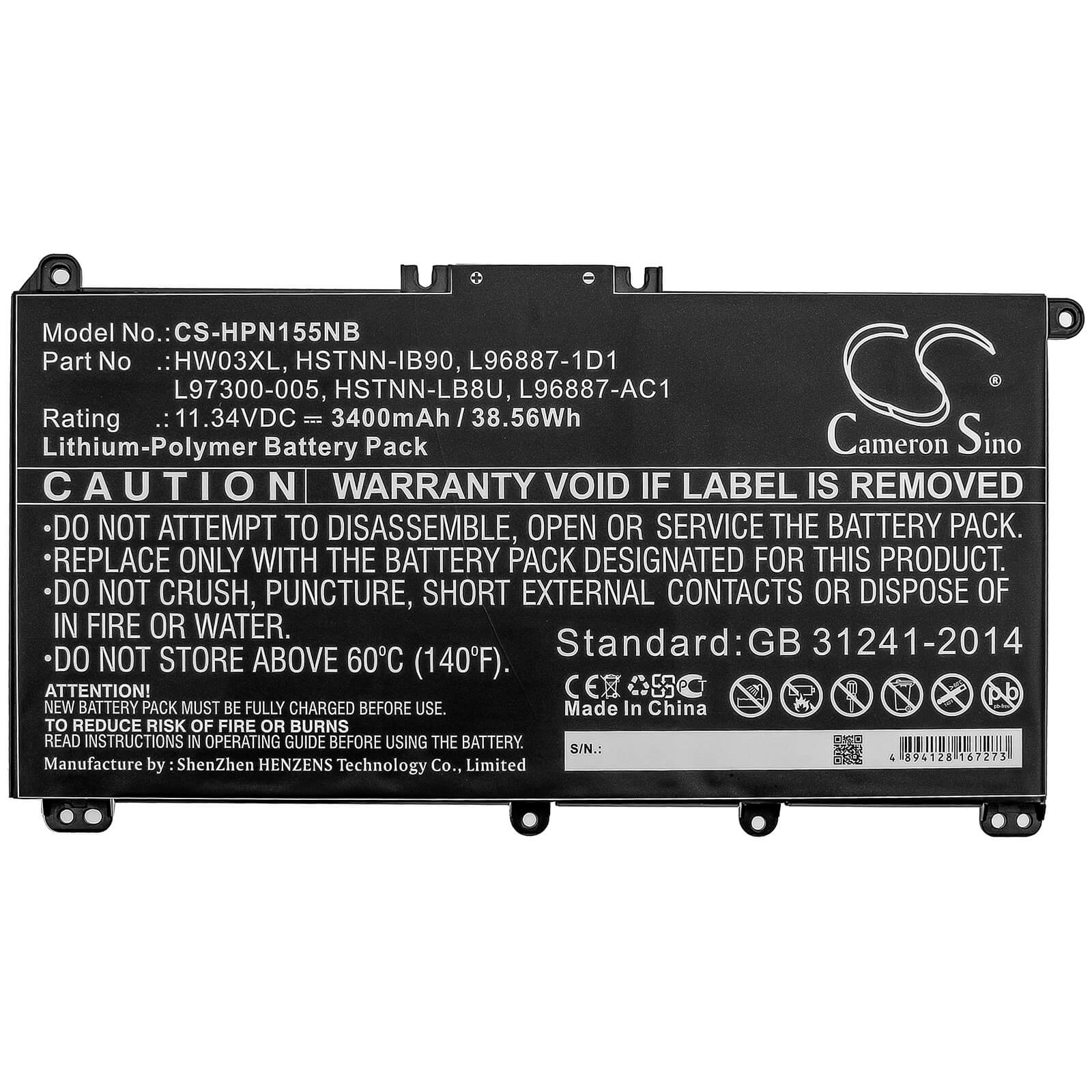 11.34V, 3400mAh, Li-Polymer Battery fits Hp, Pavilion 15 15-eg0000, Pavilion 15 Eg0073cl, 38.556Wh