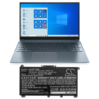 11.34V, 3400mAh, Li-Polymer Battery fits Hp, Pavilion 15 15-eg0000, Pavilion 15 Eg0073cl, 38.556Wh