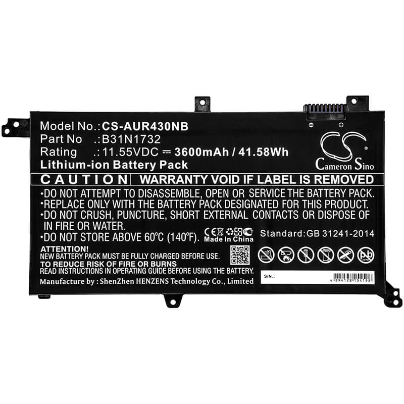 11.55V, 3600mAh, Li-ion Battery fits Asus, K430fa, K430fn, 41.58Wh