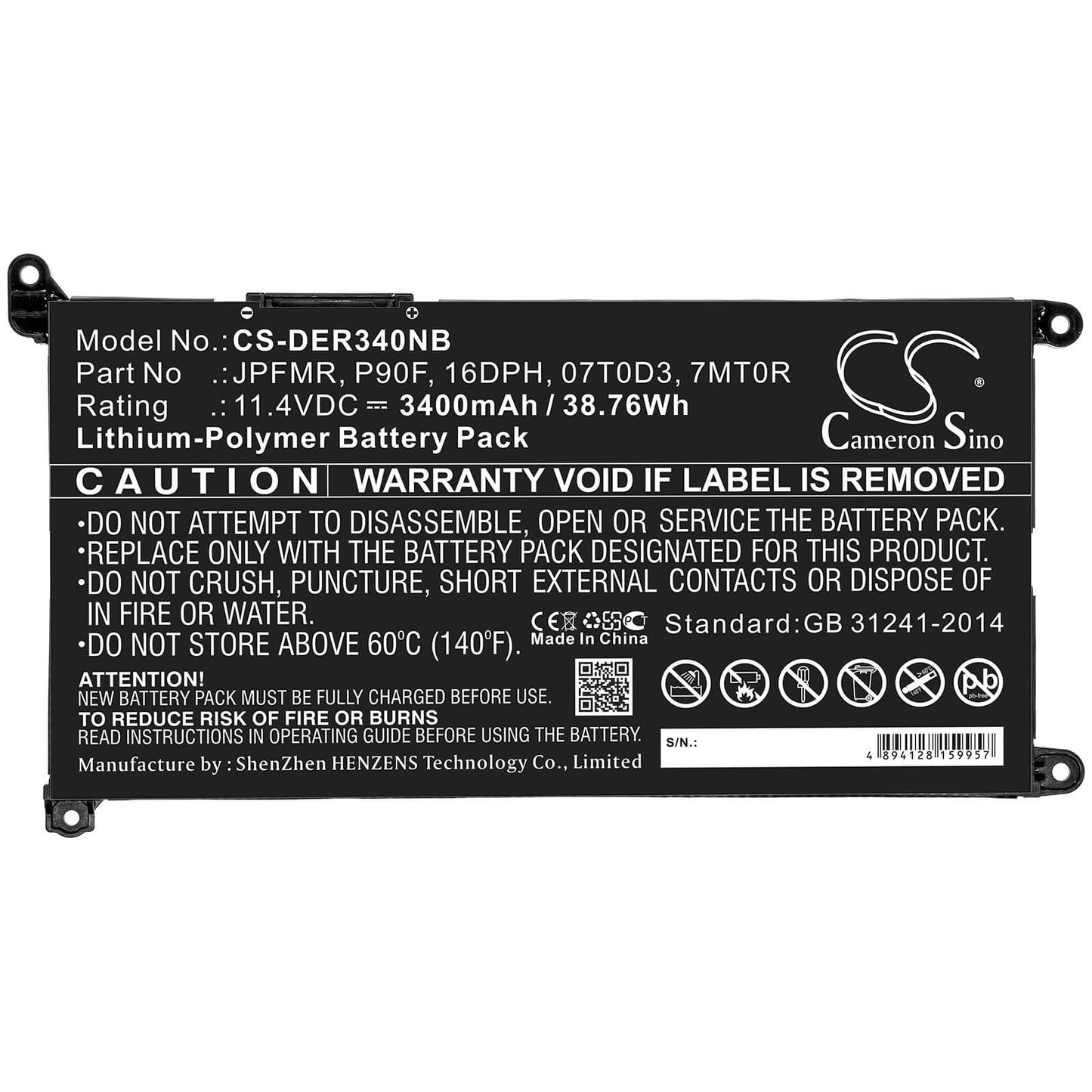 11.4V, 3400mAh, Li-Polymer Battery fits Dell, 7000 14(i5-7200u/4gb/128gb 500, 7000(ins14-7460-r1605g), 38.76Wh