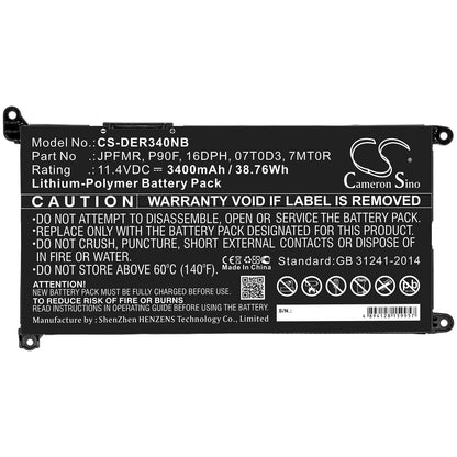 11.4V, 3400mAh, Li-Polymer Battery fits Dell, 7000 14(i5-7200u/4gb/128gb 500, 7000(ins14-7460-r1605g), 38.76Wh