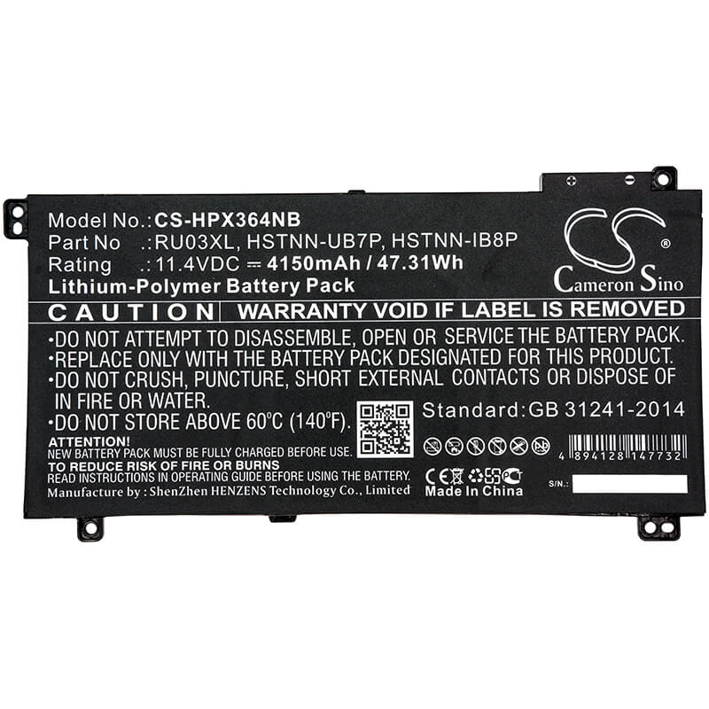 11.4V, 4150mAh, Li-Polymer Battery fits Hp, Probook X360 11 G3, Probook X360 11 G3 Education, 47.31Wh