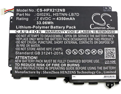 7.6V, 4350mAh, Li-Polymer Battery fits Hp, Pavilion X2 - 12-b096ms, Pavilion X2 12, 33.06Wh