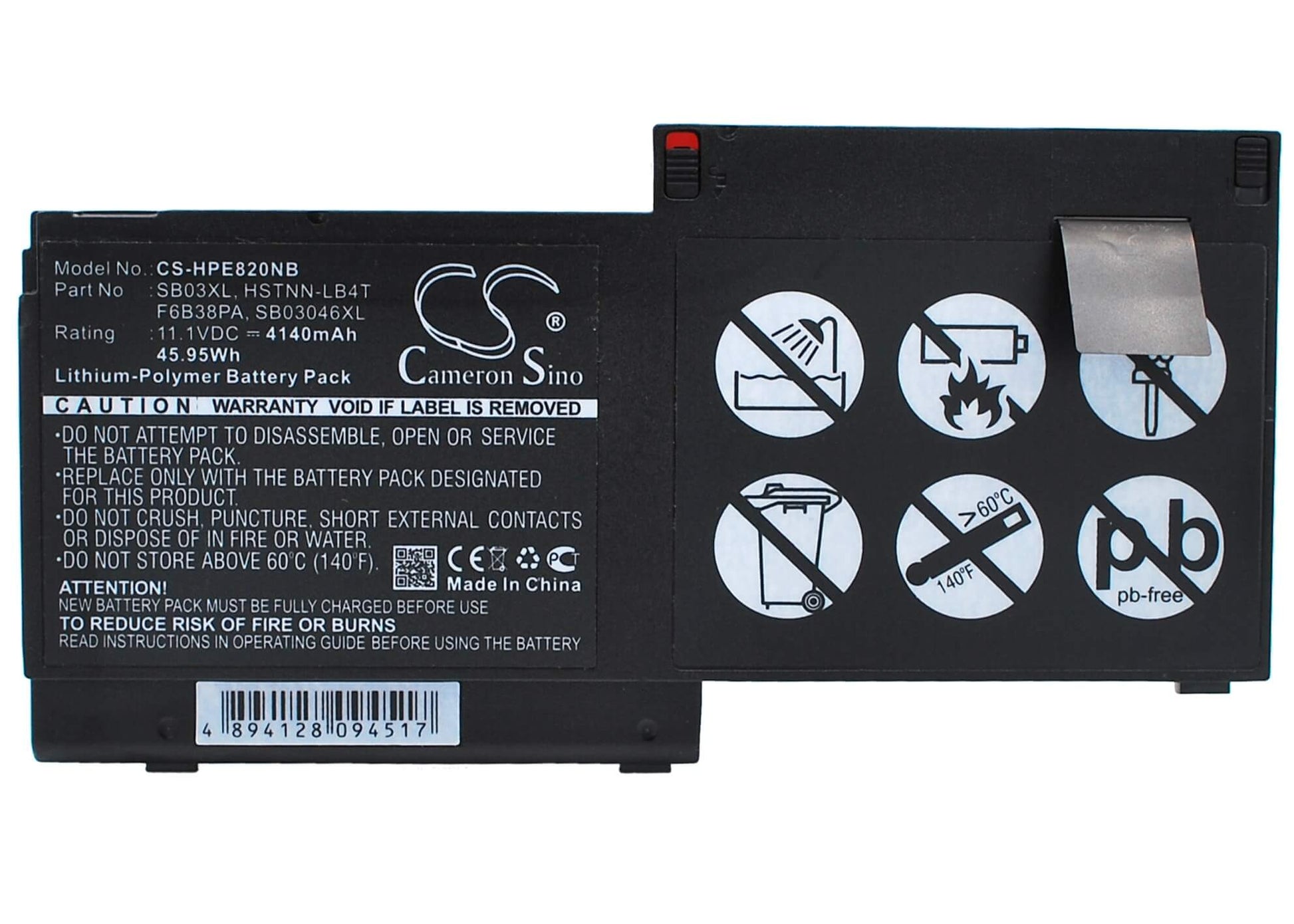 11.1V, 4140mAh, Li-Polymer Battery fits Hp, Elitebook 720 G1(j8x18aa), Elitebook 720 G1-k6n35us, 45.954Wh