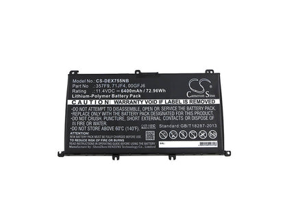 11.4V, 6400mAh, Li-Polymer Battery fits Dell, Ins 15-7567-d1545b, Ins 15-7567-d1545r, 72.96Wh