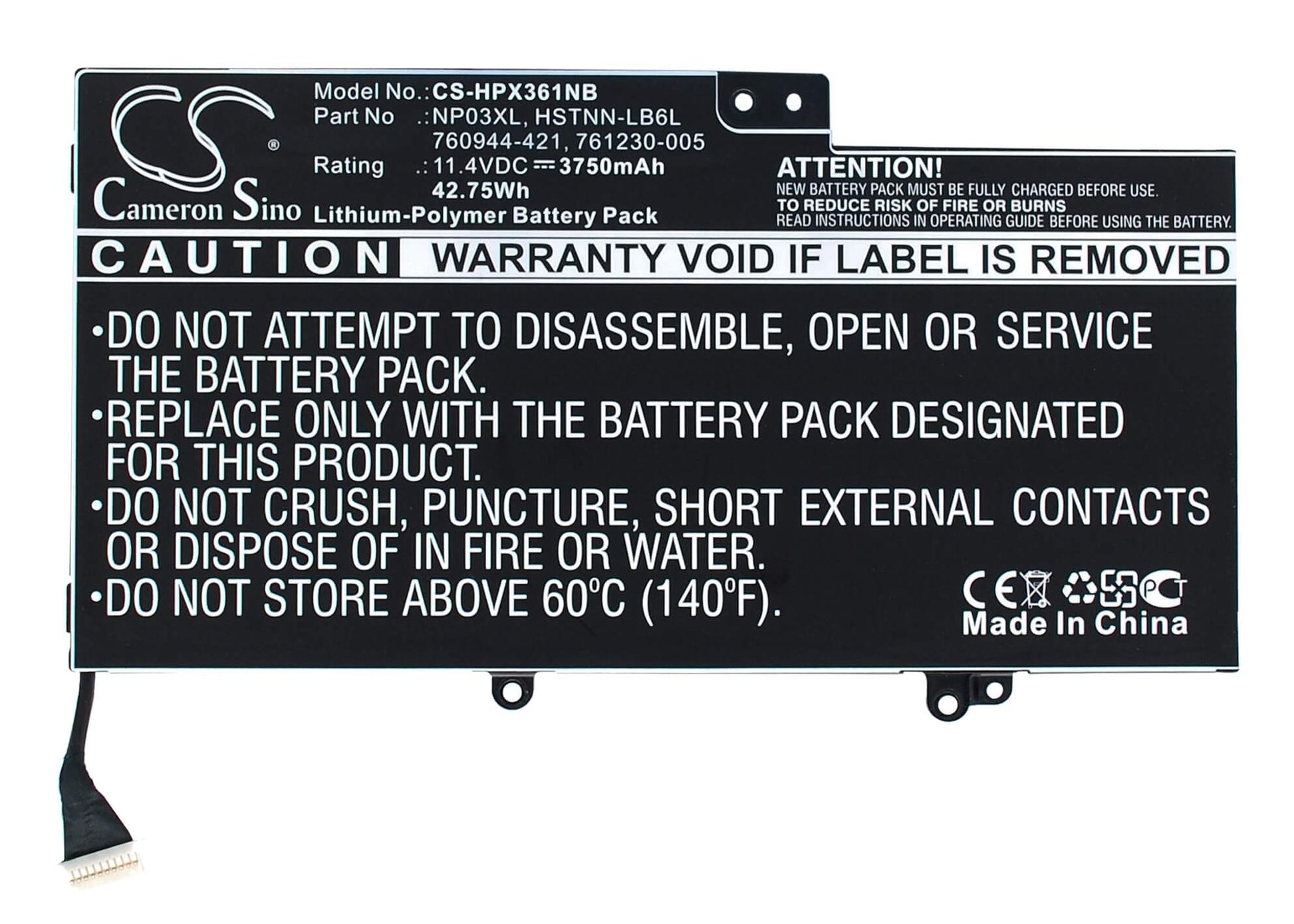 11.4V, 3750mAh, Li-Polymer Battery fits Hp, 15-u011dx, Envy 15-u001xx, 42.75Wh