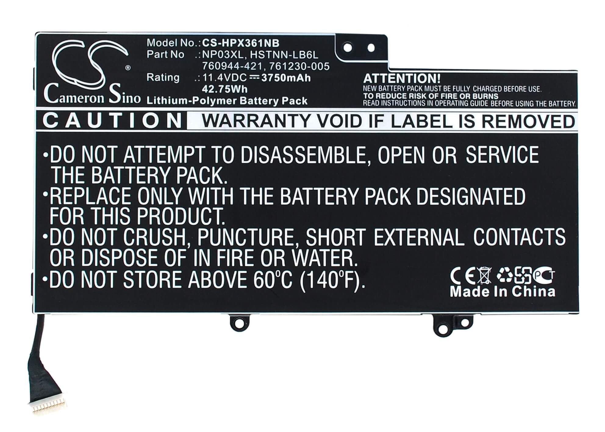 11.4V, 3750mAh, Li-Polymer Battery fits Hp, 15-u011dx, Envy 15-u001xx, 42.75Wh