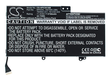 11.4V, 3750mAh, Li-Polymer Battery fits Hp, 15-u011dx, Envy 15-u001xx, 42.75Wh