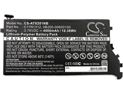 3.75V, 4900mAh, Li-Polymer Battery fits Asus, Transformer Book Tx201la, Tx201la, 18.375Wh
