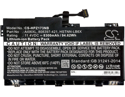 11.4V, 8300mAh, Li-ion Battery fits Hp, Zbook 17 G3, Zbook 17 G3 (m9l94av), 94.62Wh