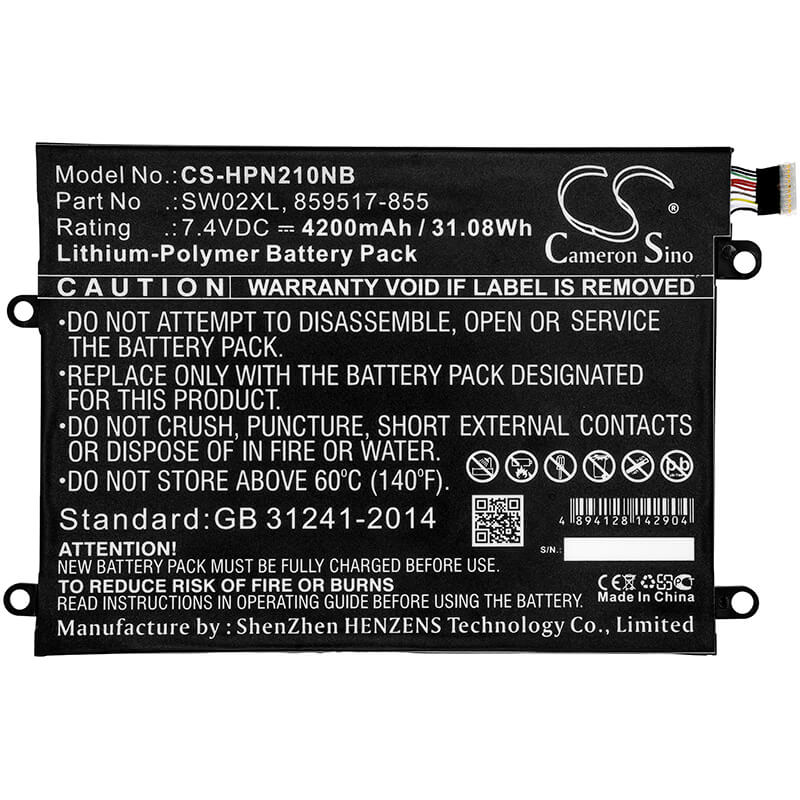 7.4V, 4200mAh, Li-Polymer Battery fits Hp, 10-p018wm, Notebook X2, 31.08Wh