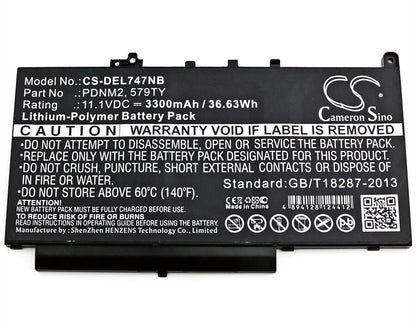 11.1V, 3300mAh, Li-Polymer Battery fits Dell, Latitude 12 E7270, Latitude 12 E7470, 36.63Wh
