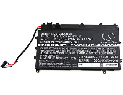11.1V, 2700mAh, Li-Polymer Battery fits Dell, Latitude 13 7000, Latitude 13 7000(cal001lati735, 29.97Wh