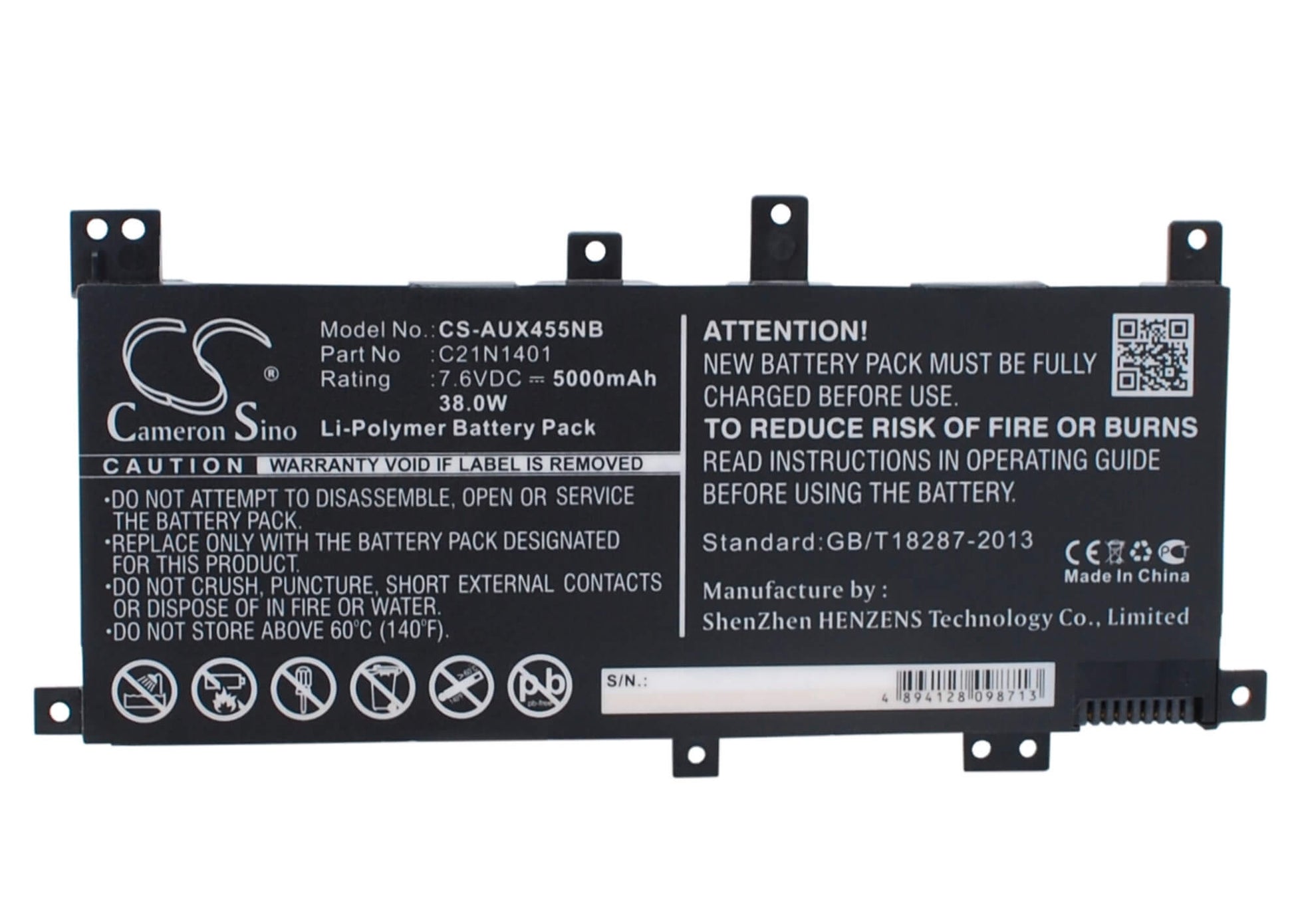 7.6V, 5000mAh, Li-Polymer Battery fits Asus, A455la, A455lab, 38Wh