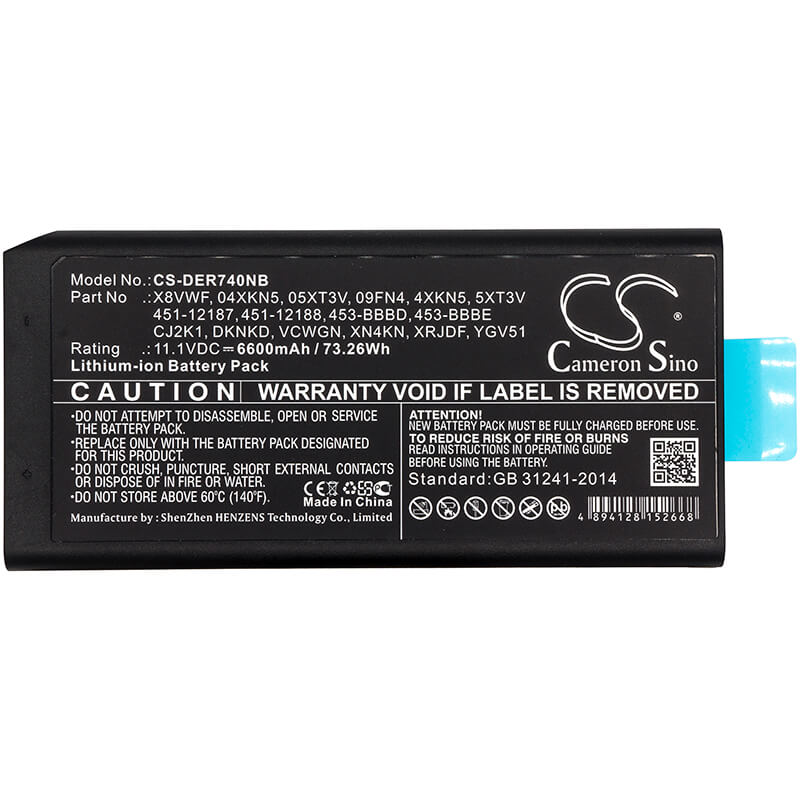 11.1V, 6600mAh, Li-ion Battery fits Dell, Latitude 12 7204, Latitude 14 7404, 73.26Wh