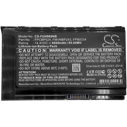 14.4V, 6600mAh, Li-ion Battery fits Fujitsu, Celsius H980, S26391-k461-v100, 95.04Wh