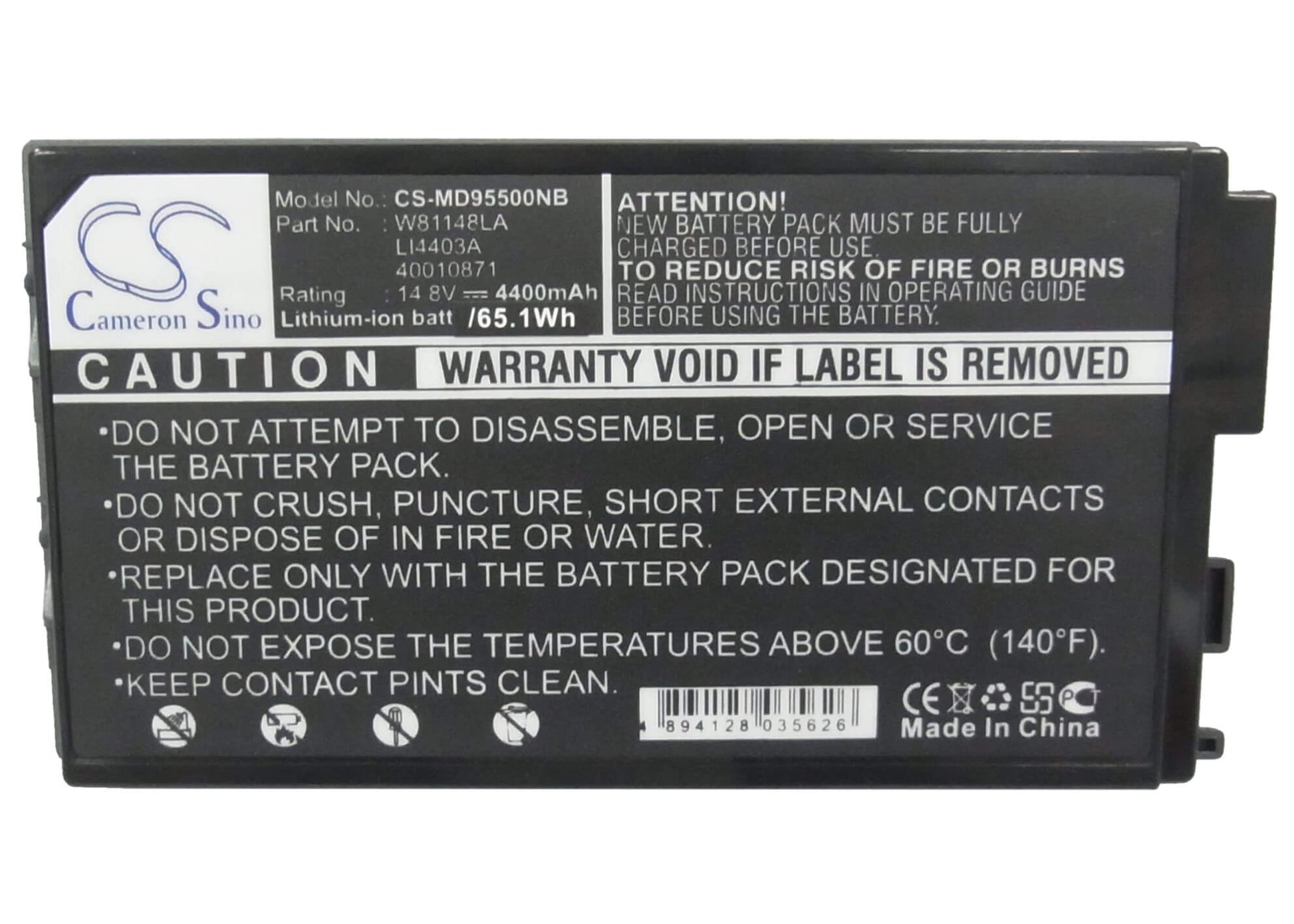 14.8V, 4400mAh, Li-ion Battery fits Medion, Arima A0730, Md95211, 65.12Wh