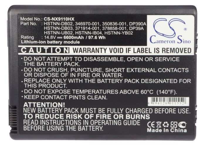 14.8V, 6600mAh, Li-ion Battery fits Compaq, Business Notebook Nx9100, Business Notebook Nx9100-pb705, 97.68Wh
