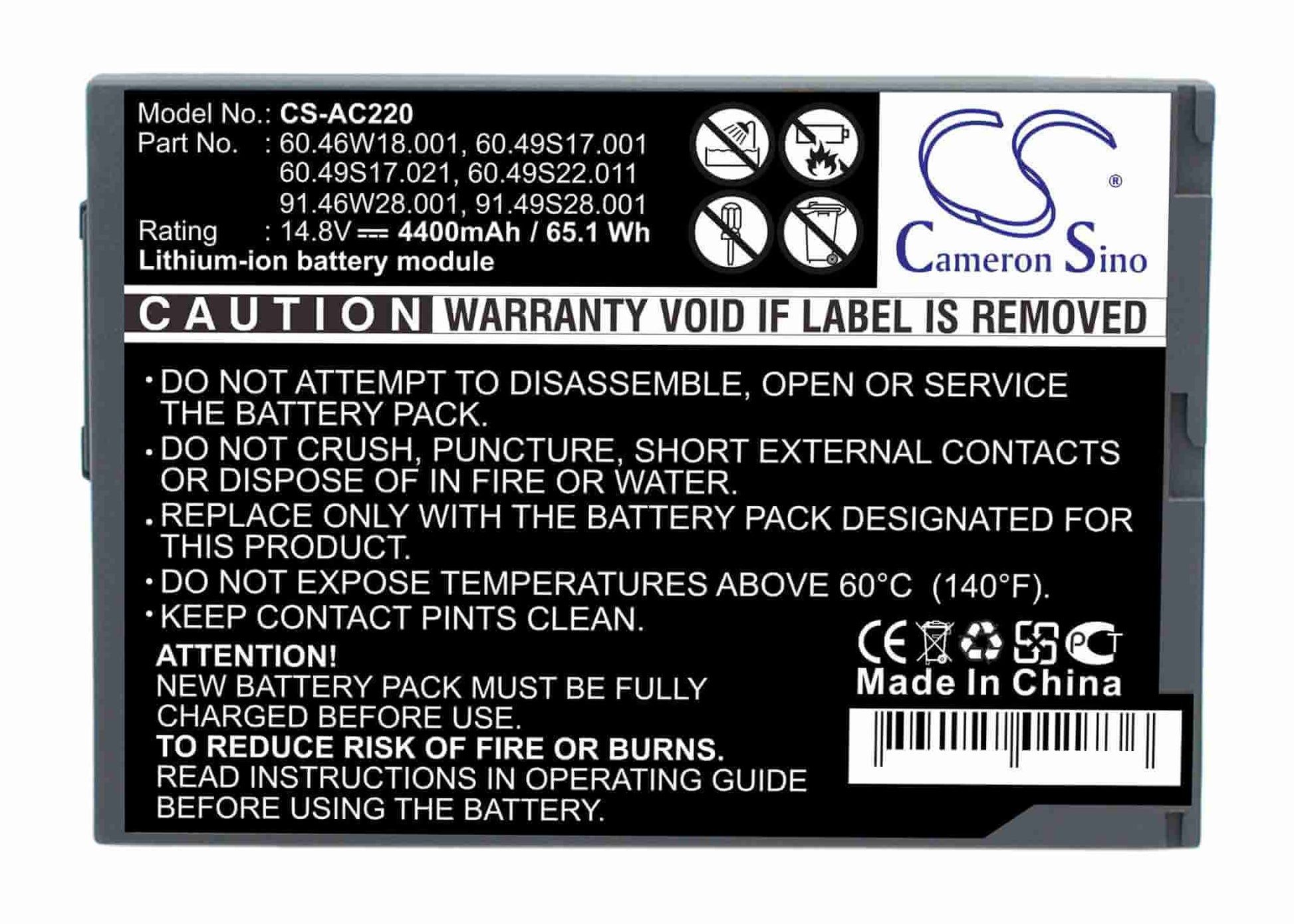 14.8V, 4400mAh, Li-ion Battery fits Acer, Travelmate 220, Travelmate 222, 65.12Wh