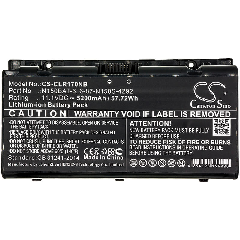 11.1V, 5200mAh, Li-ion Battery fits Clevo, N150rd, N150rd1, 57.72Wh