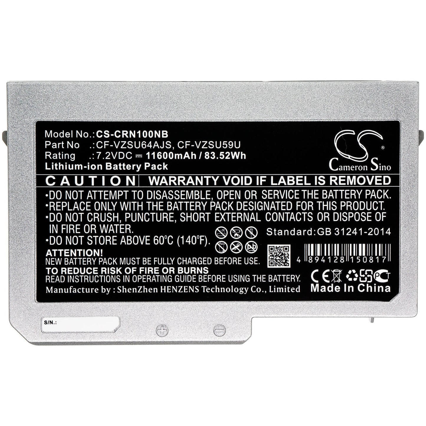 7.2V, 11600mAh, Li-ion Battery fits Panasonic, Toughbook Cf-n10, Toughbook Cf-s10, 83.52Wh