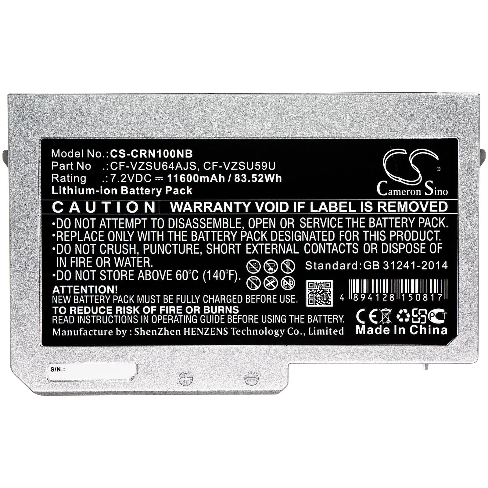 7.2V, 11600mAh, Li-ion Battery fits Panasonic, Toughbook Cf-n10, Toughbook Cf-s10, 83.52Wh