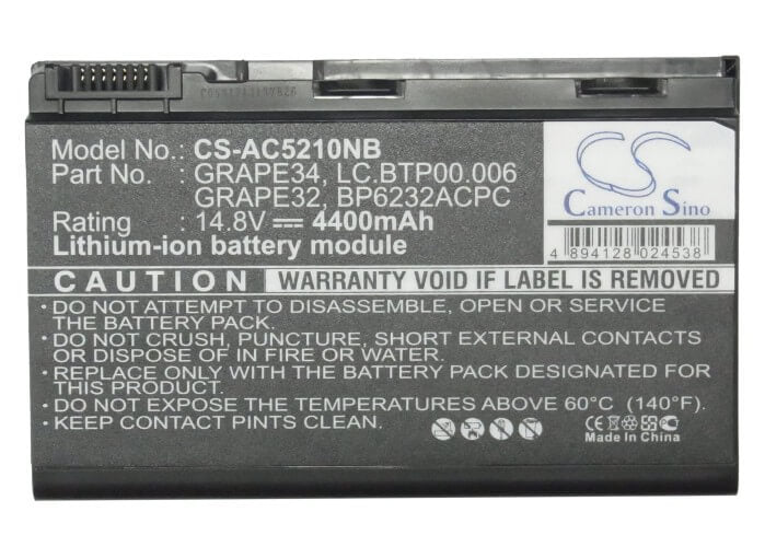 14.8V, 4400mAh, Li-ion Battery fits Acer, Extensa 5120, Extensa 5210, 65.12Wh