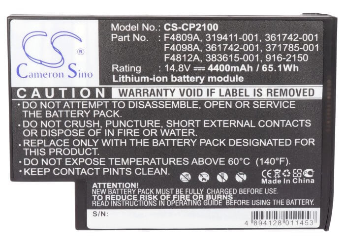 14.8V, 4400mAh, Li-ion Battery fits Hp, Business Notebook N1050v Serie, Business Notebook Nx9000 Serie, 65.12Wh