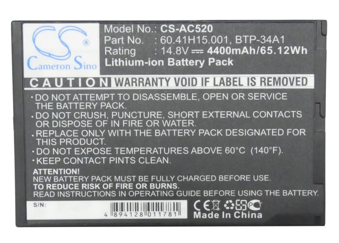 14.8V, 4400mAh, Li-ion Battery fits Acer, Travelmate 520, Travelmate 520it, 65.12Wh