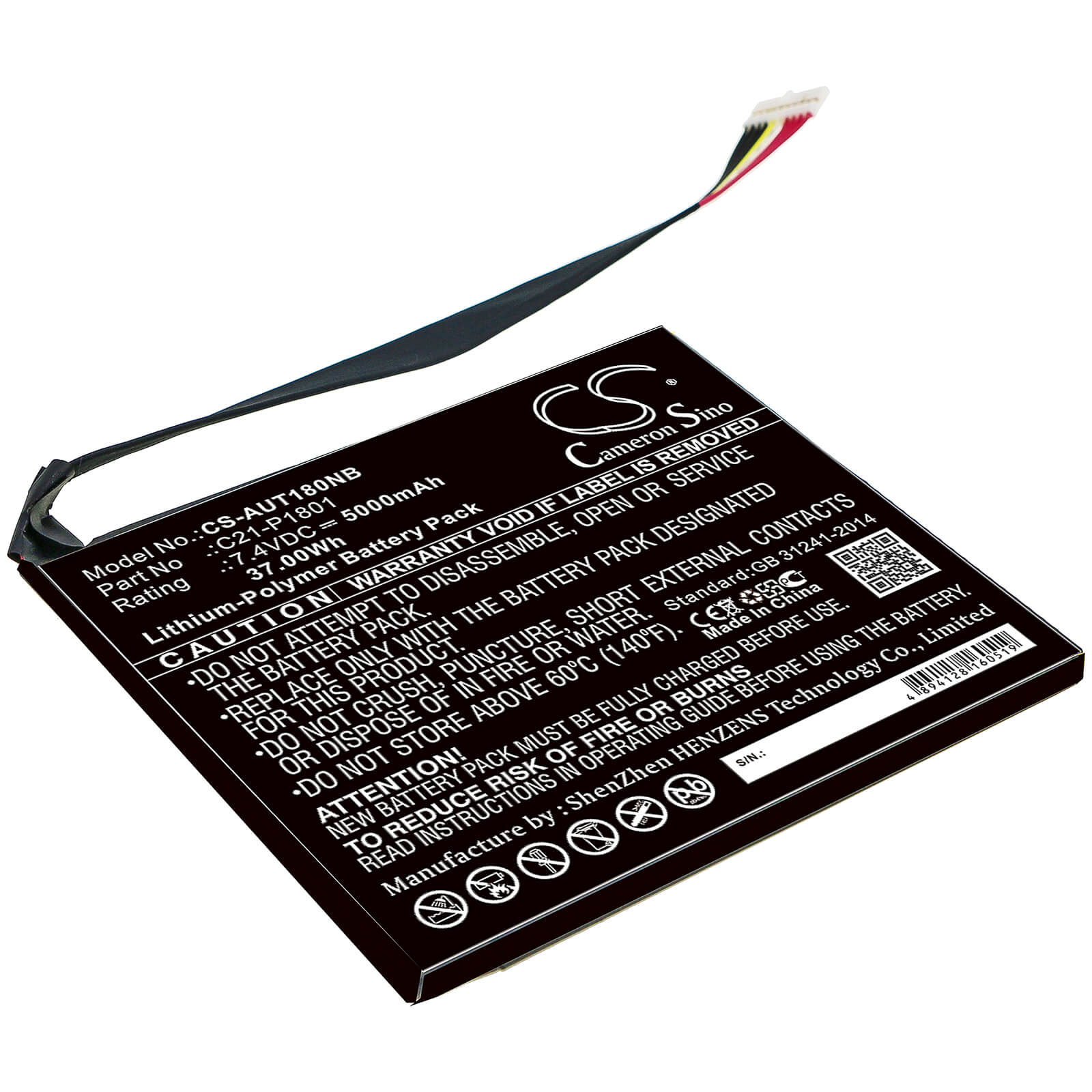 7.4V, 5000mAh, Li-Polymer Battery fits Asus, Ap180c, P18y23, 37Wh
