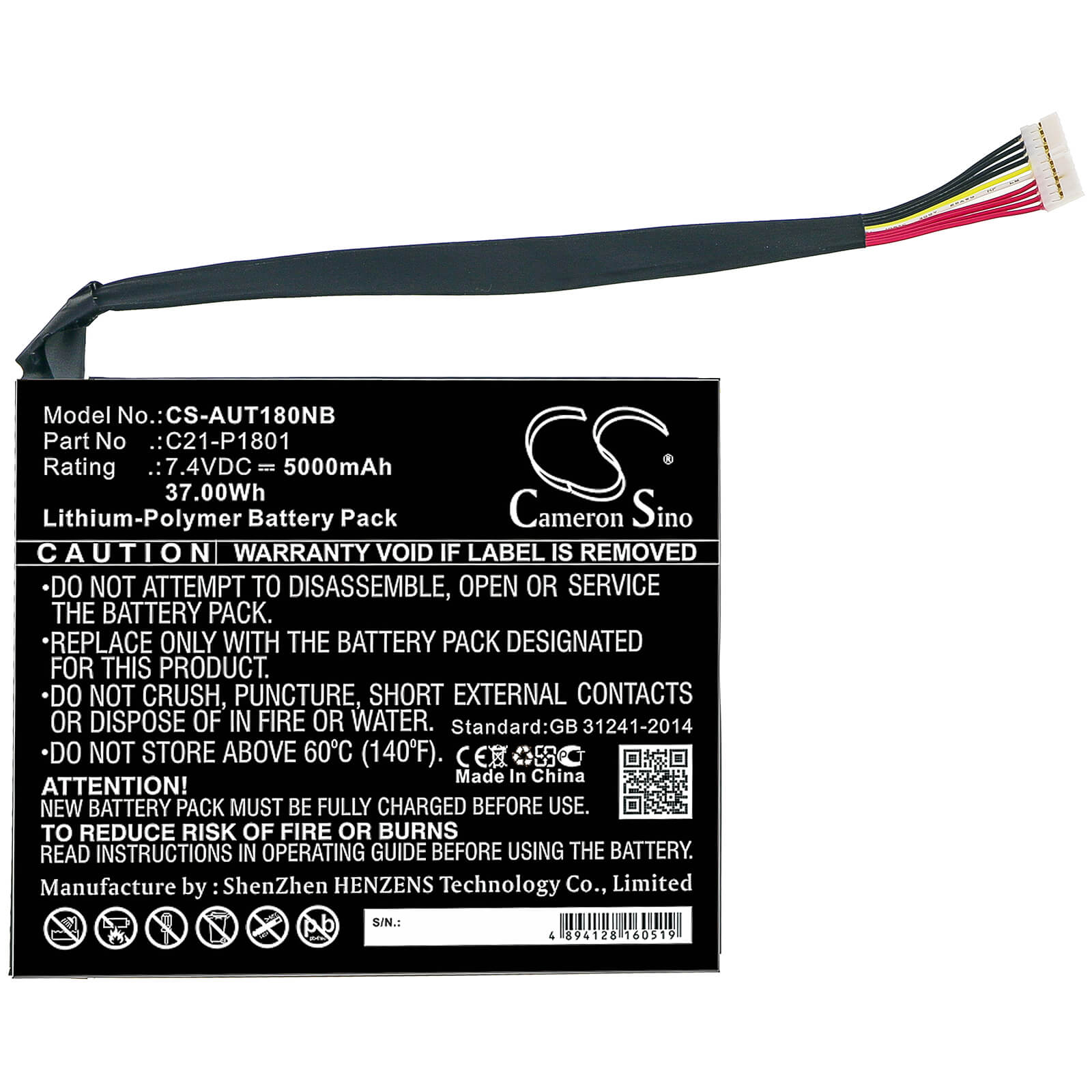 7.4V, 5000mAh, Li-Polymer Battery fits Asus, Ap180c, P18y23, 37Wh