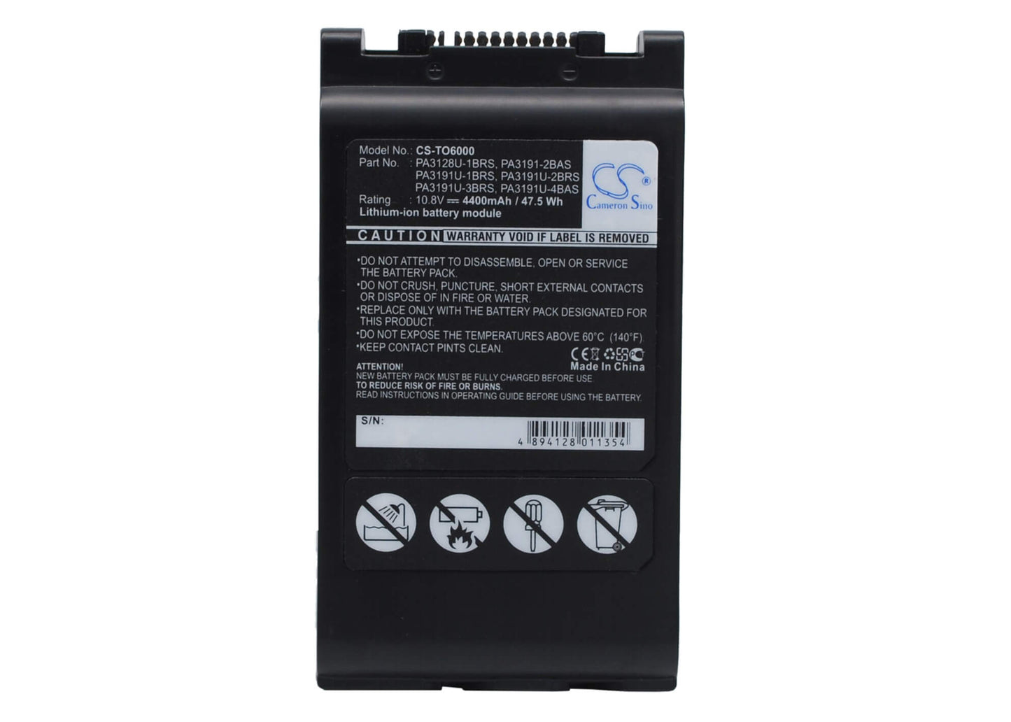 10.8V, 4400mAh, Li-ion Battery fits Toshiba, Portege 4000, Portege M200, 47.52Wh