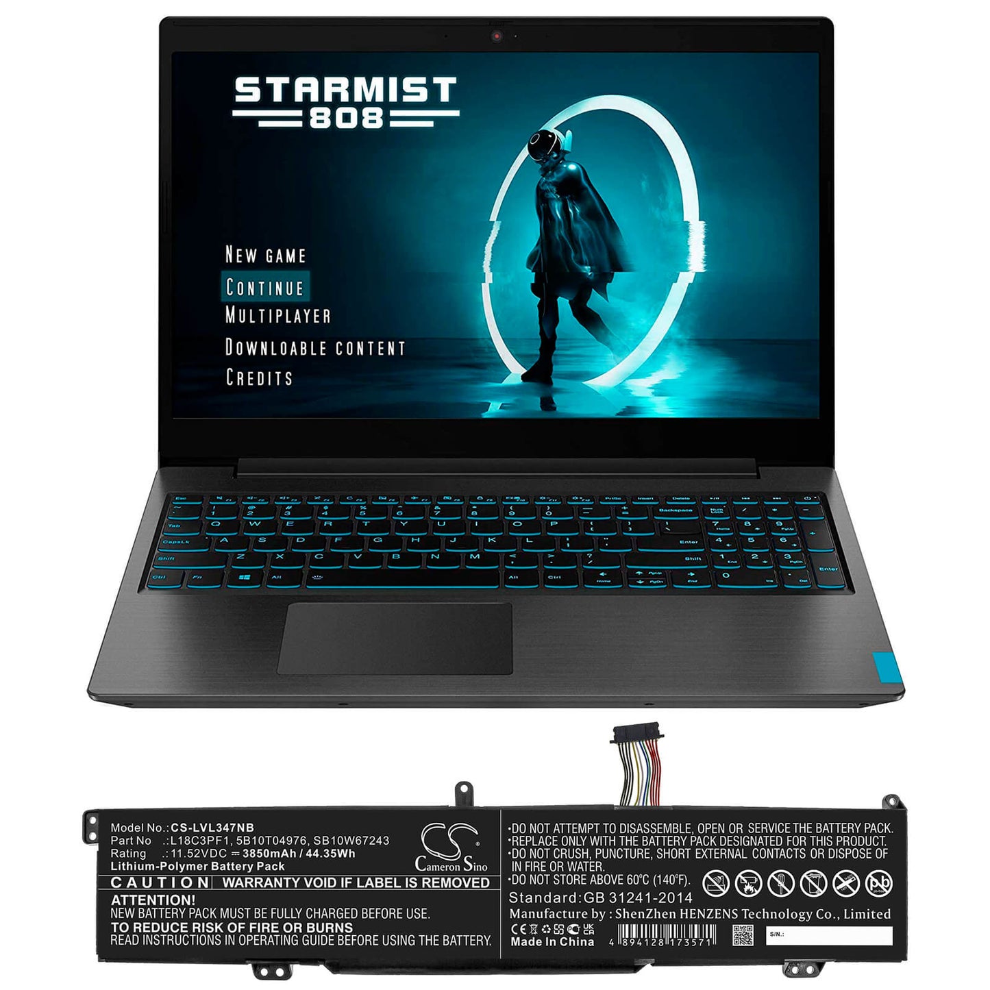 11.52V, 3850mAh, Li-ion Battery fits Lenovo, Ideapad L340 15 Gaming, Ideapad L340 17 Gaming, 44.352Wh