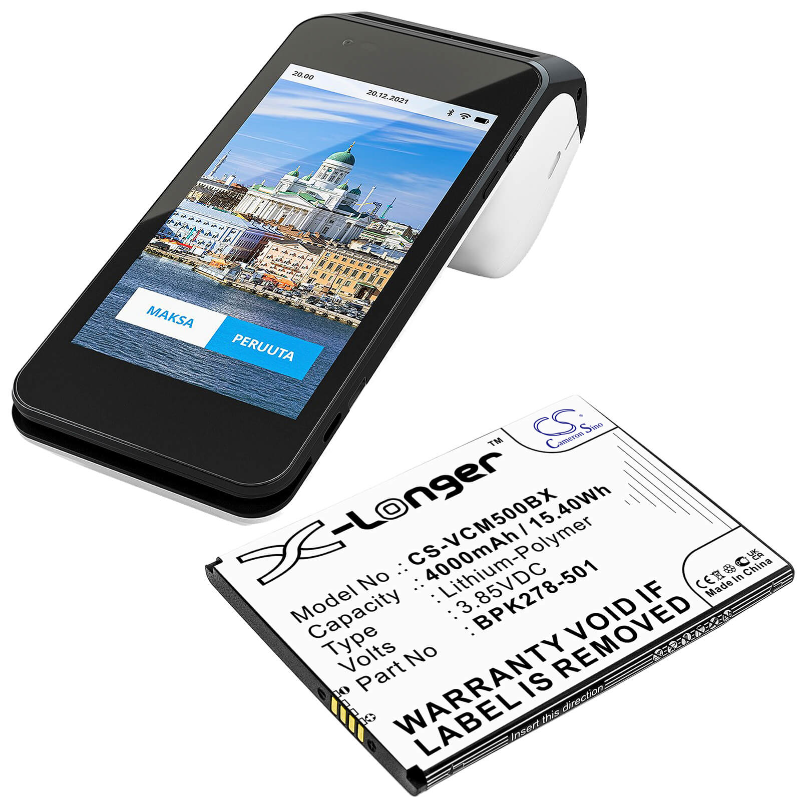 3.85V, 4000mAh, Li-Polymer Battery fits Verifone, Cm5, 15.4Wh