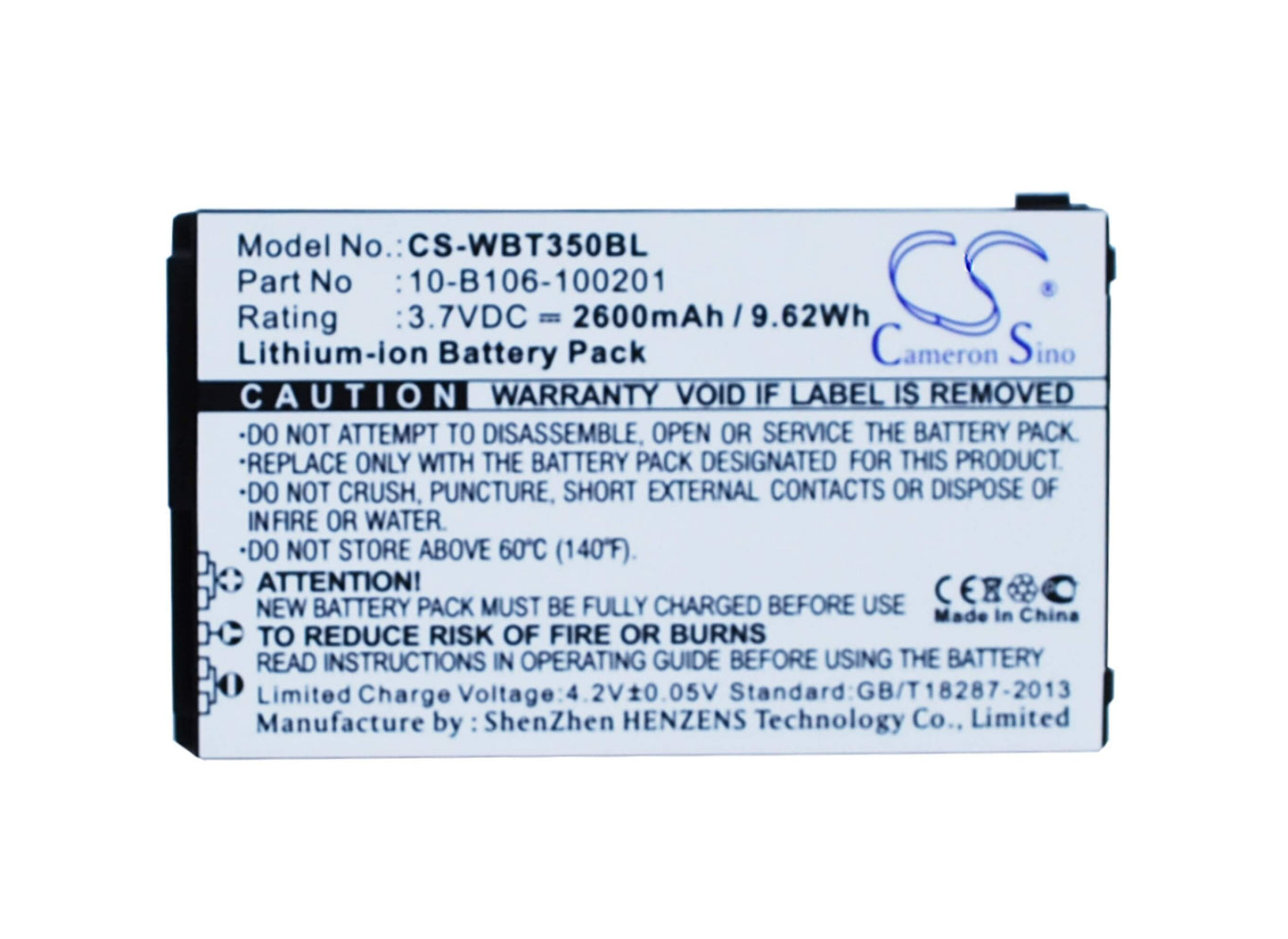 3.7V, 2600mAh, Li-ion Battery fits Widefly, Bt350, Bt-350, 9.62Wh