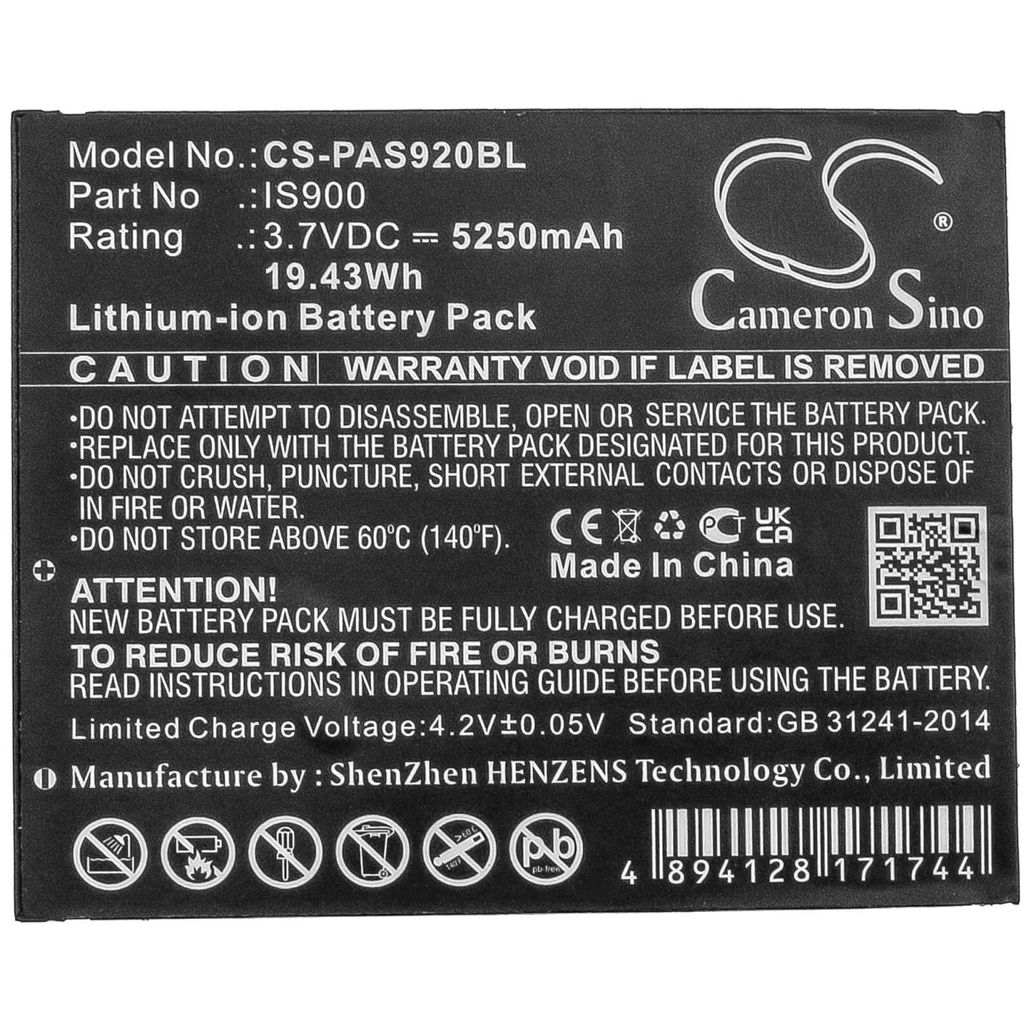 3.7V, 5250mAh, Li-ion Battery fits Pax, A920, 19.425Wh