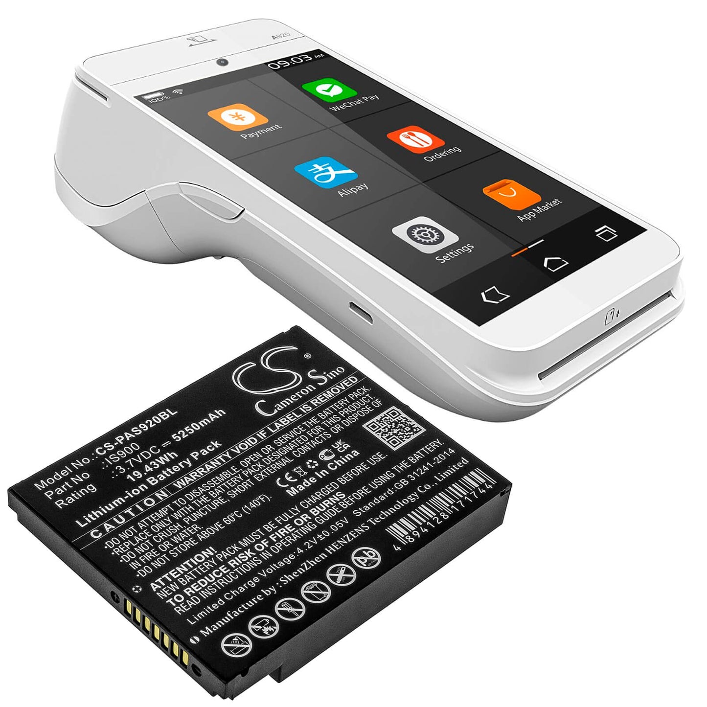 3.7V, 5250mAh, Li-ion Battery fits Pax, A920, 19.425Wh