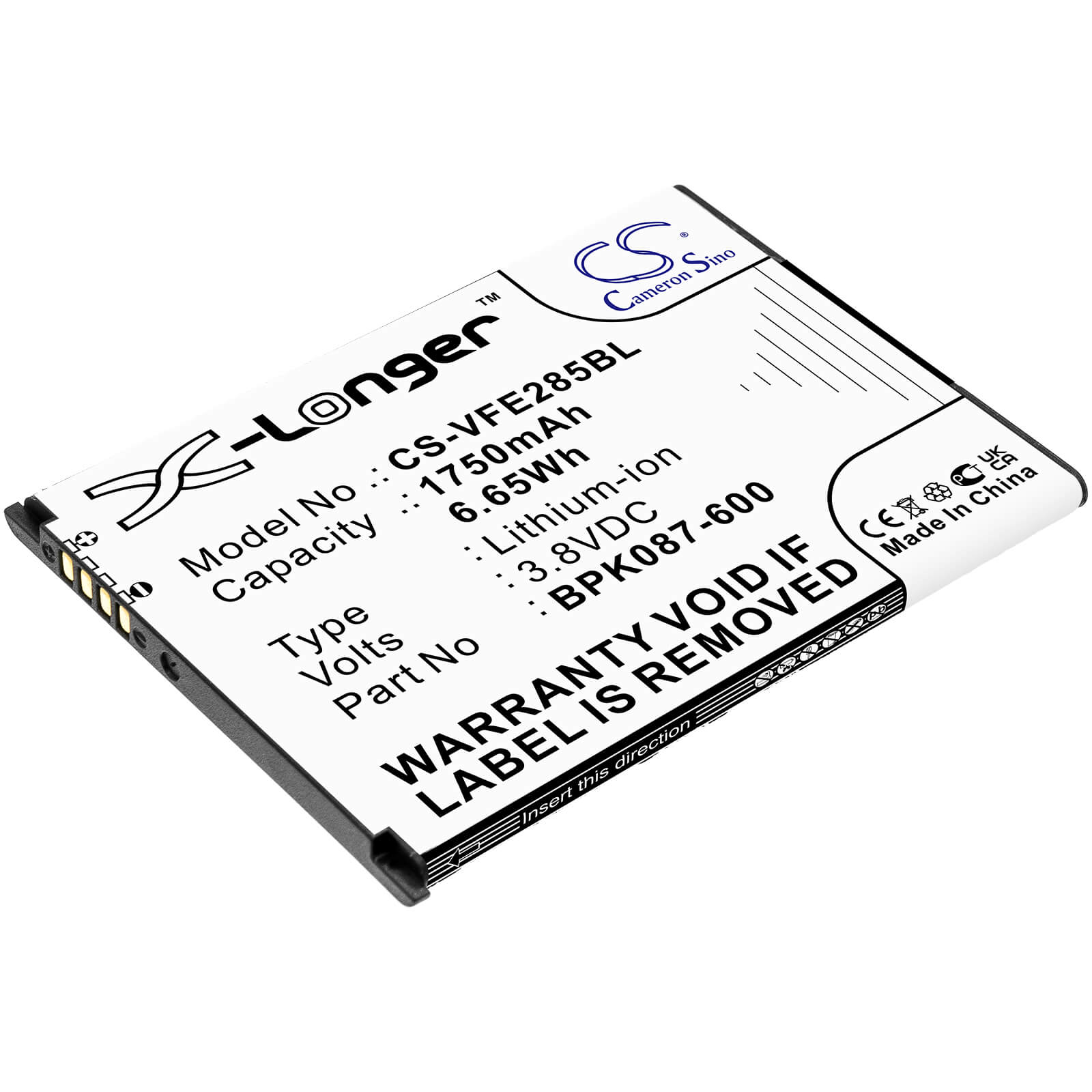 3.8V, 1750mAh, Li-ion Battery fits Verifone, E285, Ipay E285, 6.65Wh
