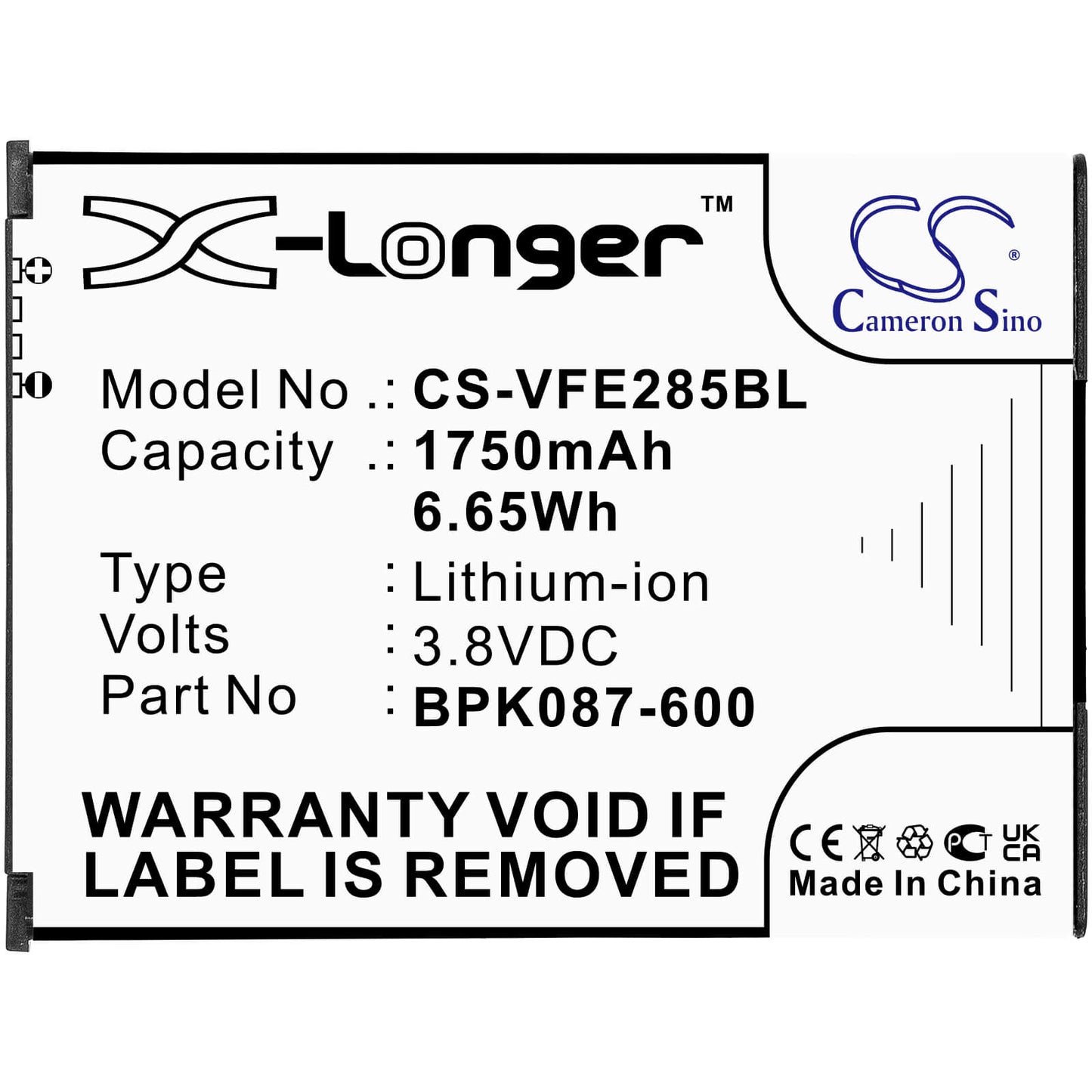 3.8V, 1750mAh, Li-ion Battery fits Verifone, E285, Ipay E285, 6.65Wh