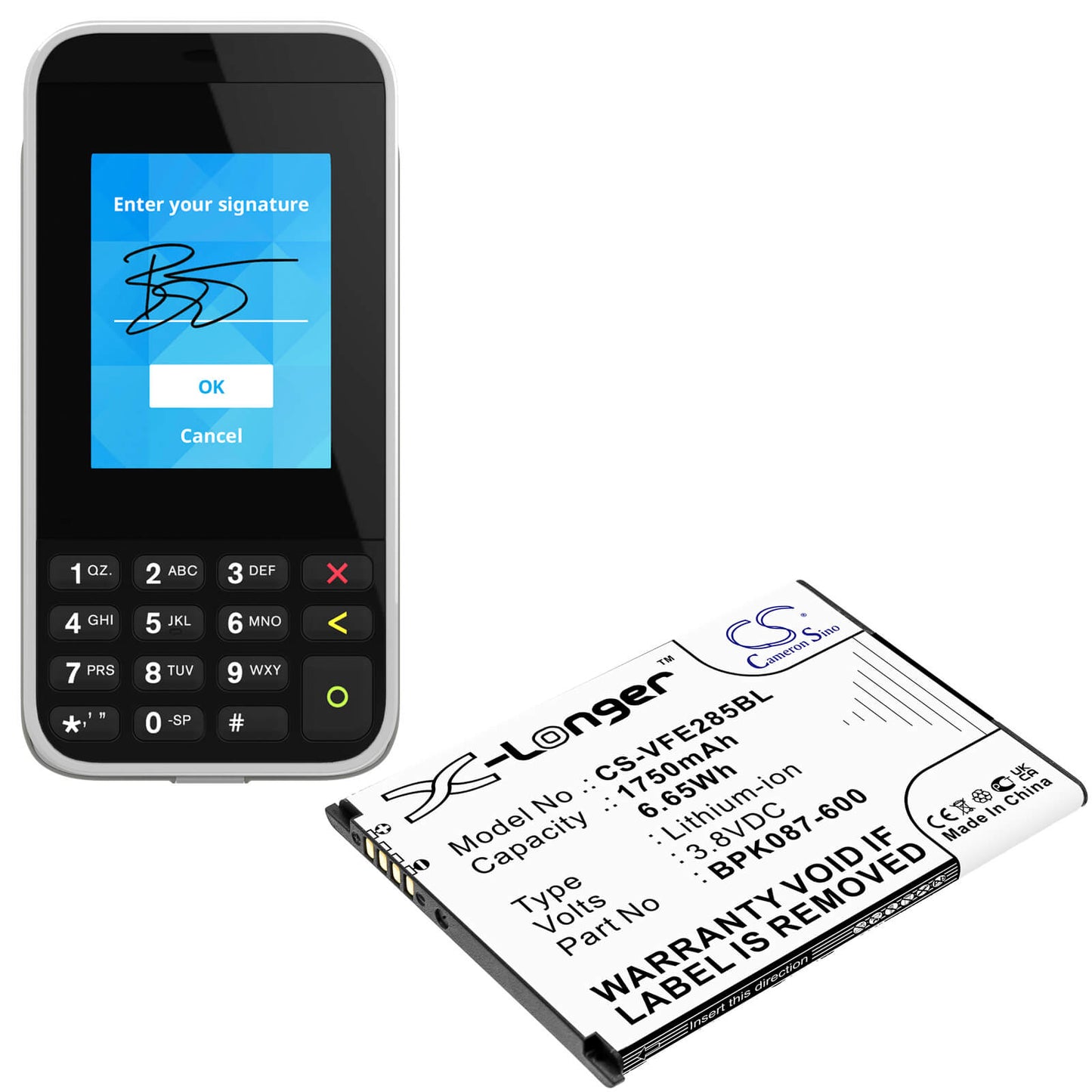 3.8V, 1750mAh, Li-ion Battery fits Verifone, E285, Ipay E285, 6.65Wh