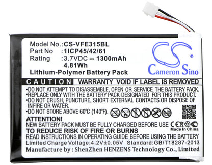 3.7V, 1300mAh, Li-Polymer Battery fits Verifone, E315, E315m, 4.81Wh