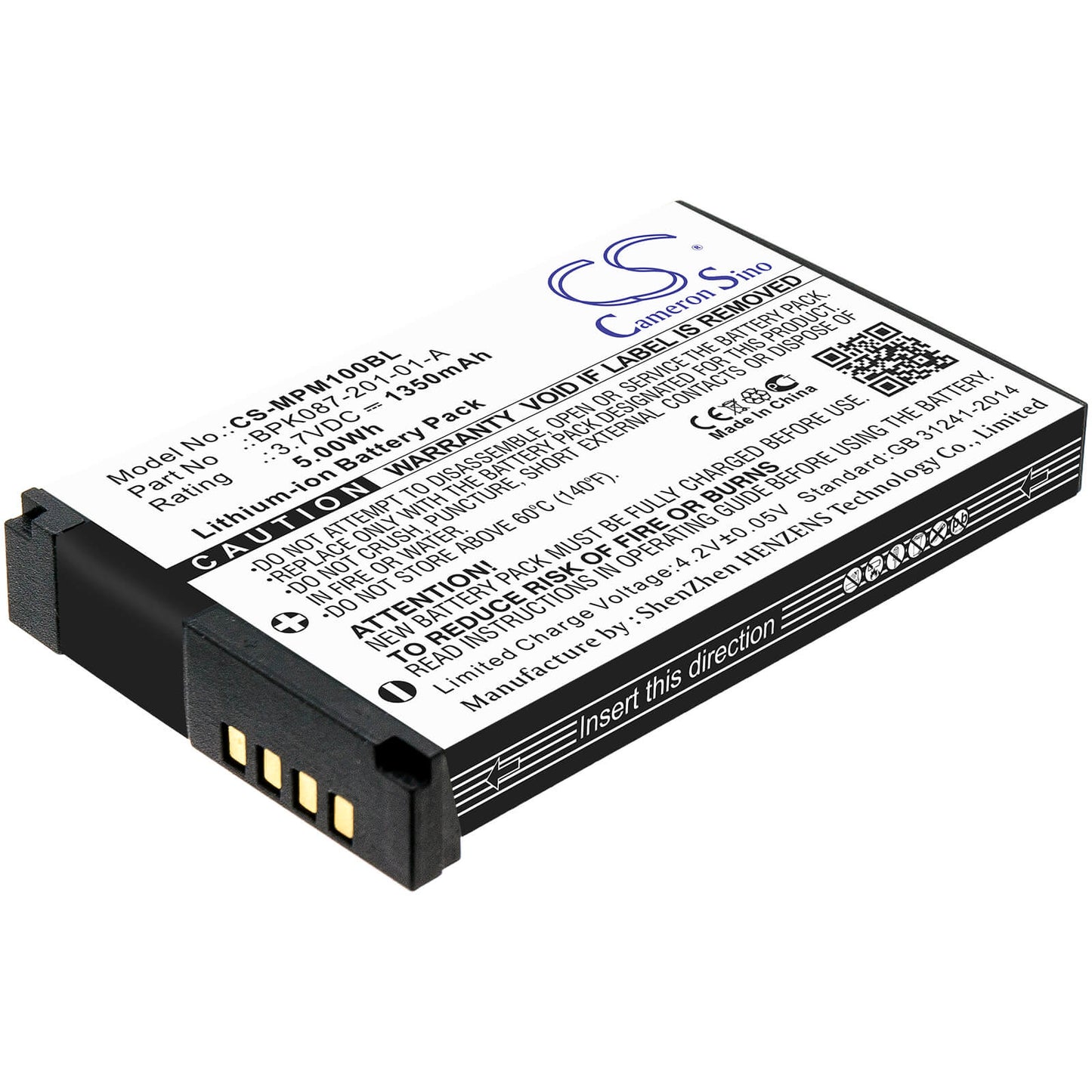 3.7V, 1350mAh, Li-ion Battery fits Zebra, Bpk087-201-01-a, 4.995Wh