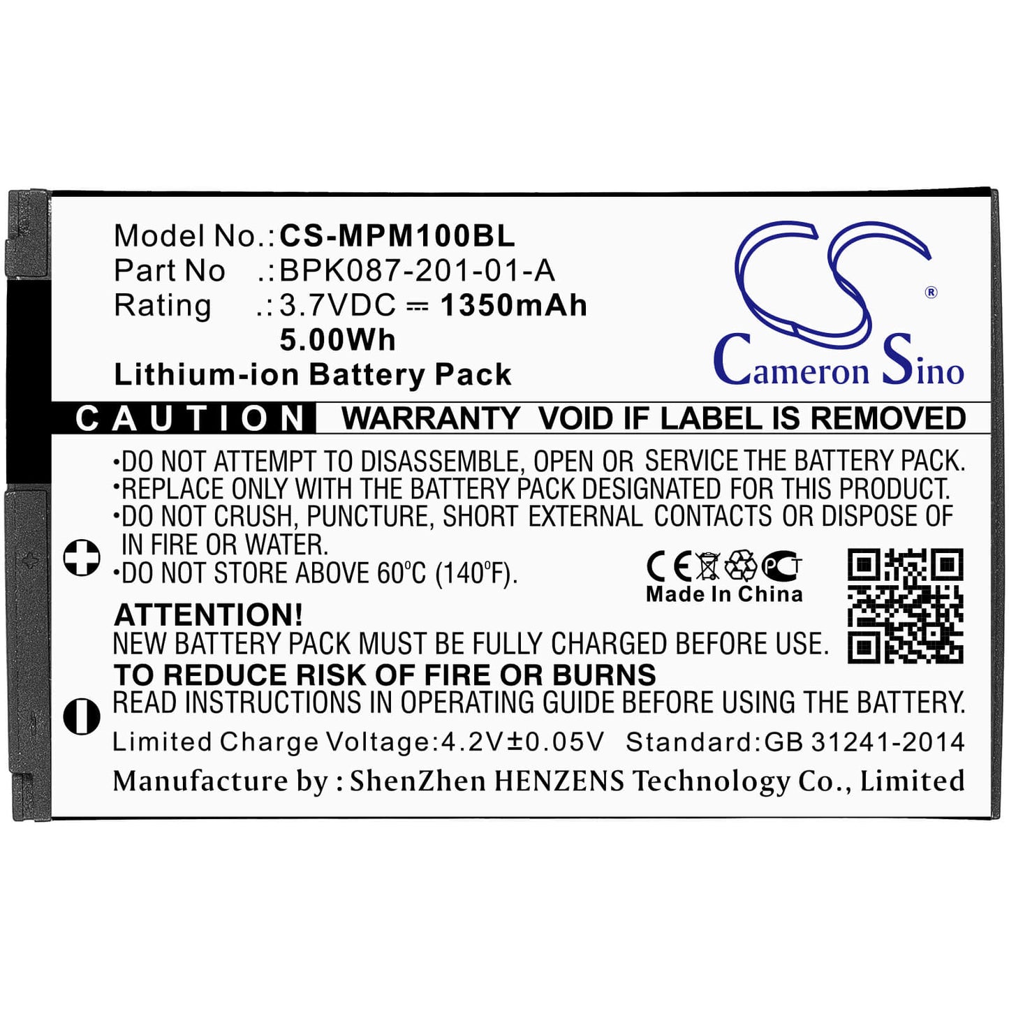3.7V, 1350mAh, Li-ion Battery fits Zebra, Bpk087-201-01-a, 4.995Wh