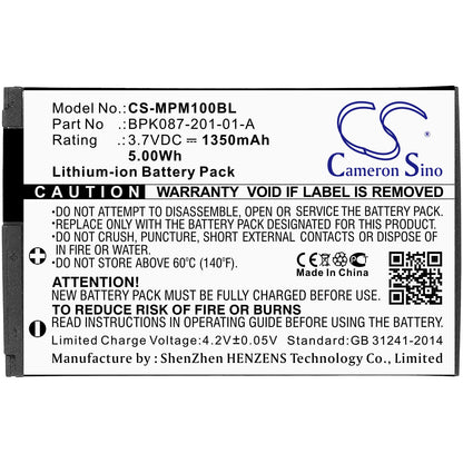 3.7V, 1350mAh, Li-ion Battery fits Zebra, Bpk087-201-01-a, 4.995Wh