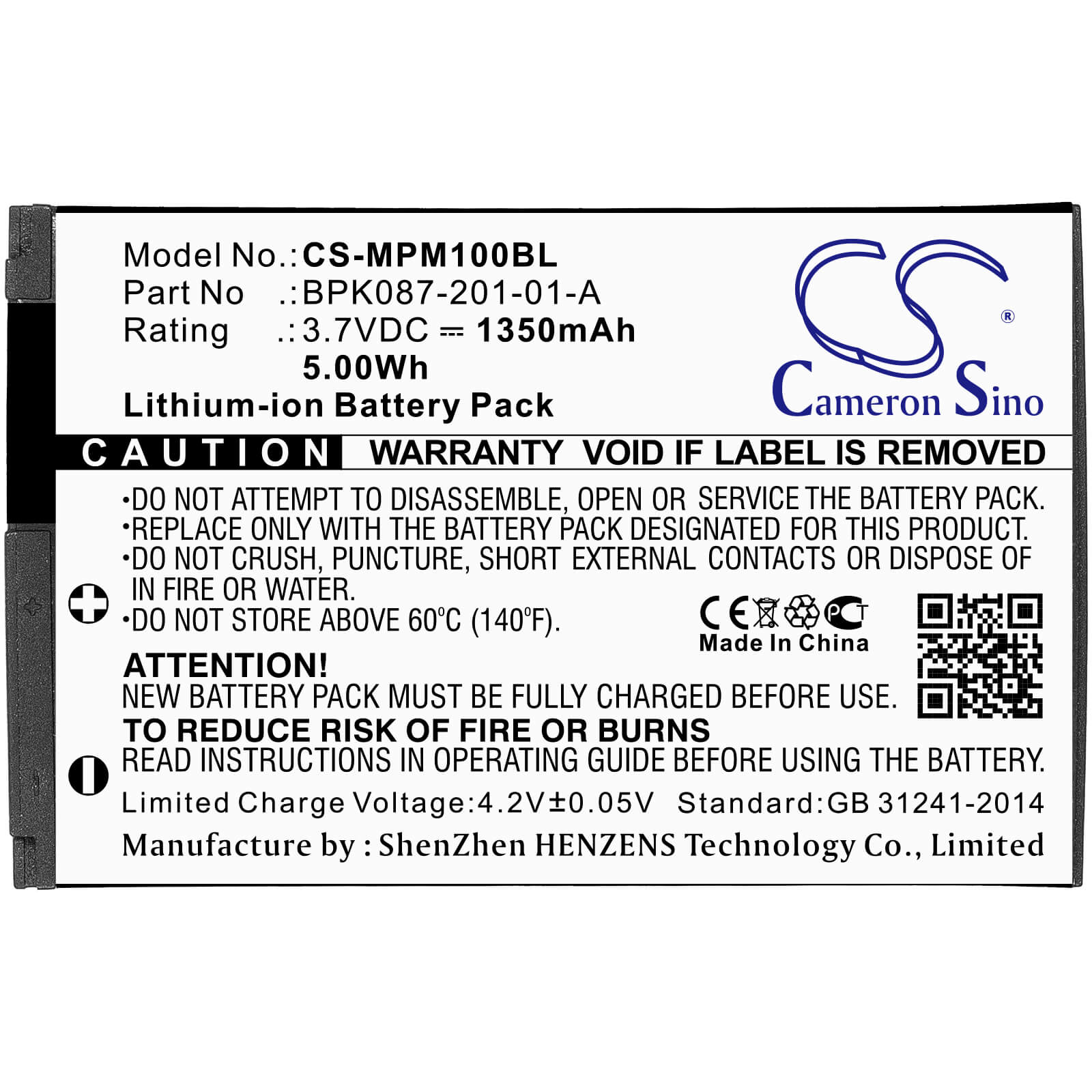 3.7V, 1350mAh, Li-ion Battery fits Motorola, Mpm100, Mpm-100, 4.995Wh